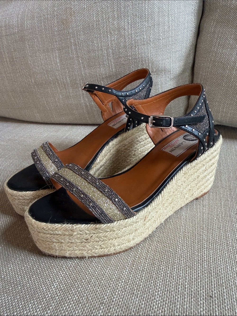 Lanvin Gold and Navy Espadrille Slingback Sandals